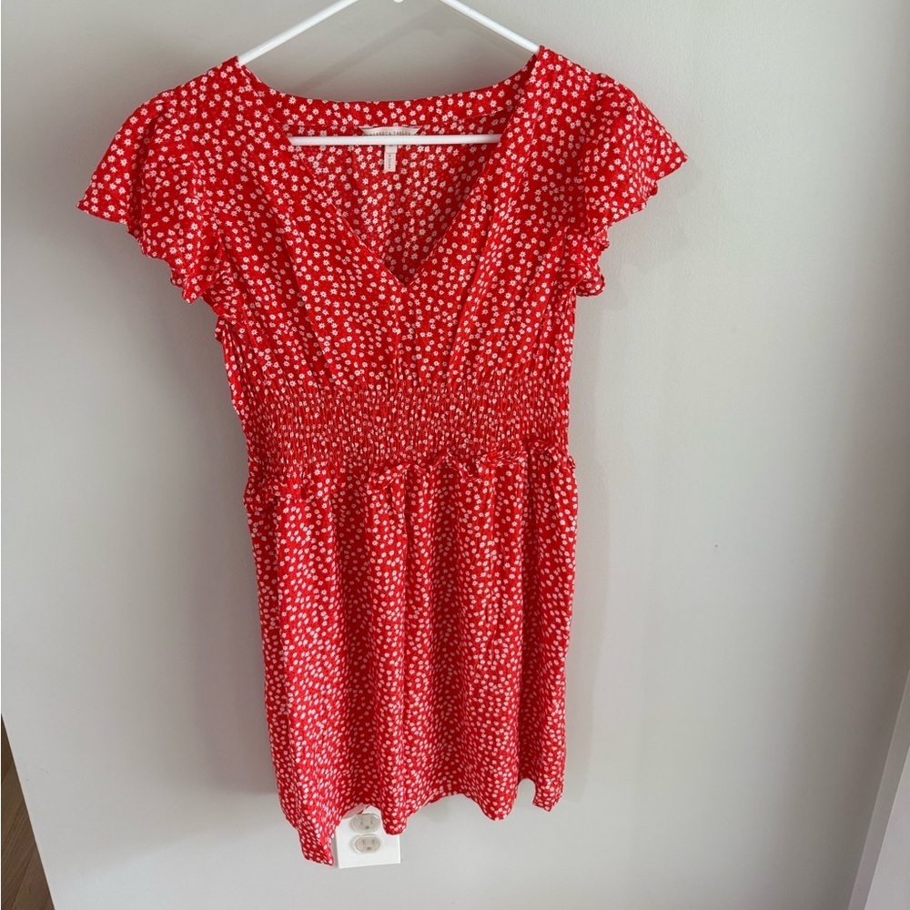 Rebecca Taylor Silk Blend Red Ditsy Floral Smocked Waist Mini Dress - Medium - Picture 3 of 8